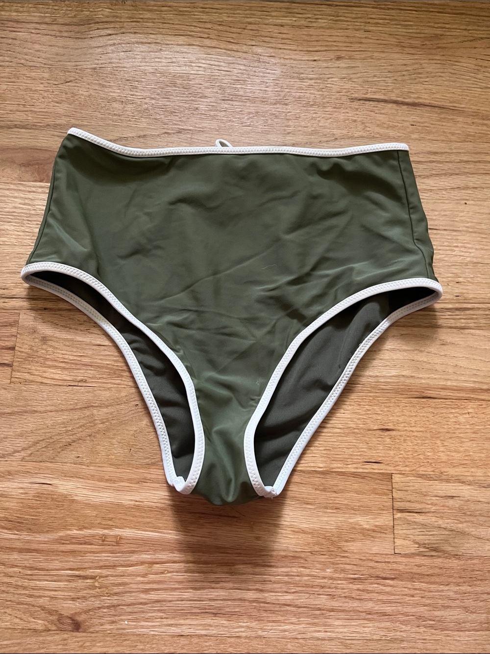 aerie Olive Green High-Waist Bikini Bottom with White Trim